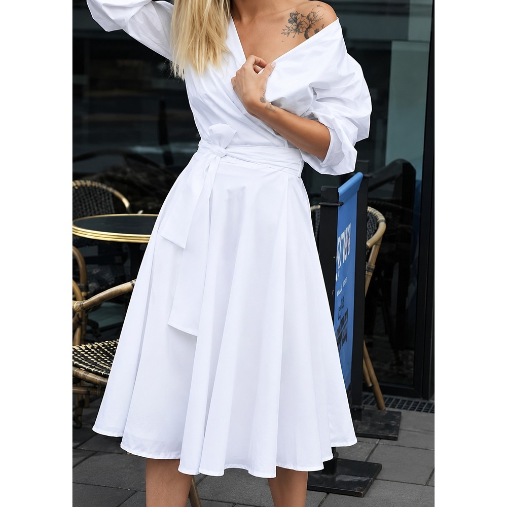 Monica Nera Sophie Dress White Cotton Poplin Wrap Long Sleeve Flared Mini- XS